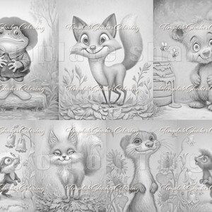 May include: A collection of grayscale illustrations featuring various woodland creatures. The images include a frog wearing a hat, a fox, a bear with a beehive, a skunk, a squirrel, and a ferret. The illustrations are in a coloring book style.