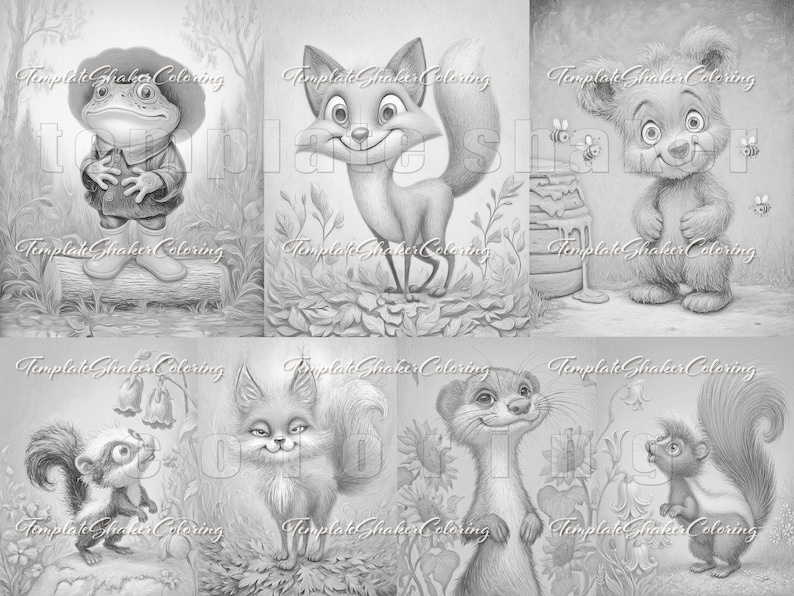 May include: A collection of grayscale illustrations featuring various woodland creatures. The images include a frog wearing a hat, a fox, a bear with a beehive, a skunk, a squirrel, and a ferret. The illustrations are in a coloring book style.