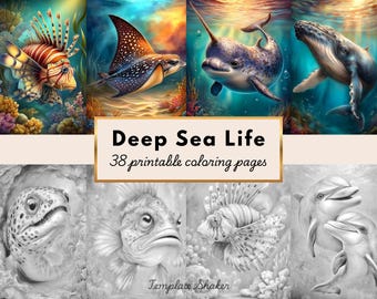 Deep Sea Life Coloring Book: 38 Grayscale Pages for Adults, Printable PDF, Colored Version