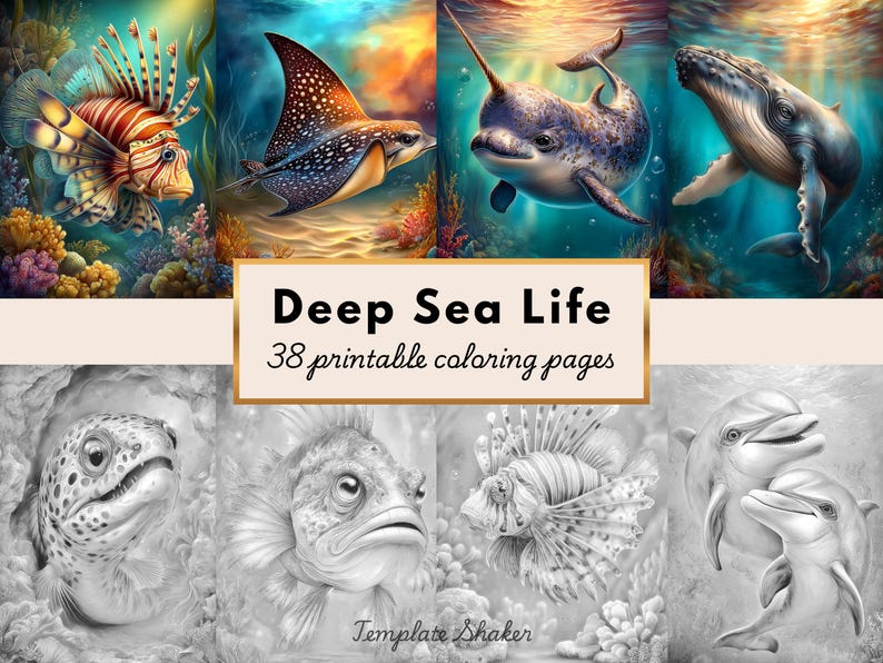 Deep Sea Life Coloring Book: 38 Grayscale Pages for Adults, Printable ...