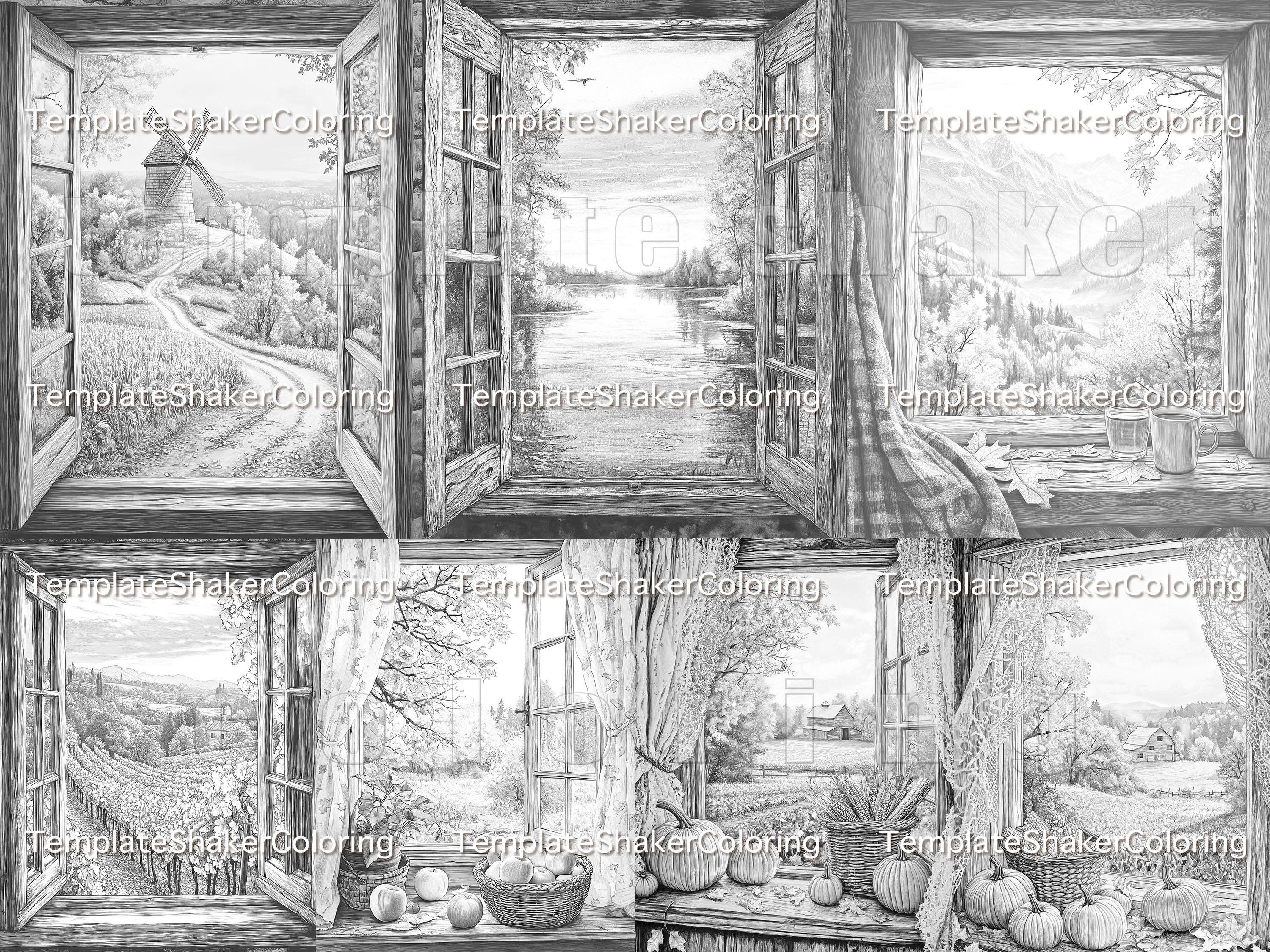 Autumn Window Landscapes Coloring Book: Grayscale Pages, Fall Scenes ...