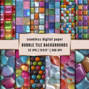 May include: A collection of colorful digital paper backgrounds featuring bubble tile designs. The image showcases various patterns with glossy, rounded tiles in shades of pink, blue, green, orange, and purple. The text reads "seamless digital paper BUBBLE TILE BACKGROUNDS 32 JPG | 12X12" | 300 DPI."