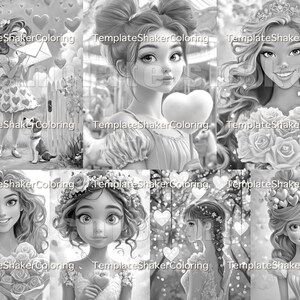 May include: A coloring page featuring six different illustrations of girls with hearts and flowers. The girls are all drawn in a cartoon style and have long hair. The illustrations are in black and white.