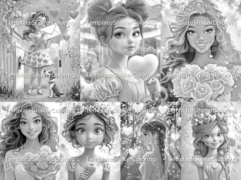May include: A coloring page featuring six different illustrations of girls with hearts and flowers. The girls are all drawn in a cartoon style and have long hair. The illustrations are in black and white.