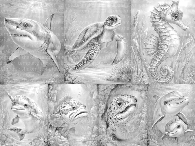 Deep Sea Life Coloring Book: 38 Grayscale Pages for Adults, Printable ...