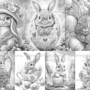 May include: A set of six black and white colouring pages featuring adorable bunnies with Easter eggs. The bunnies are in various poses, including sitting in a basket, holding an egg, and sitting in a teacup.