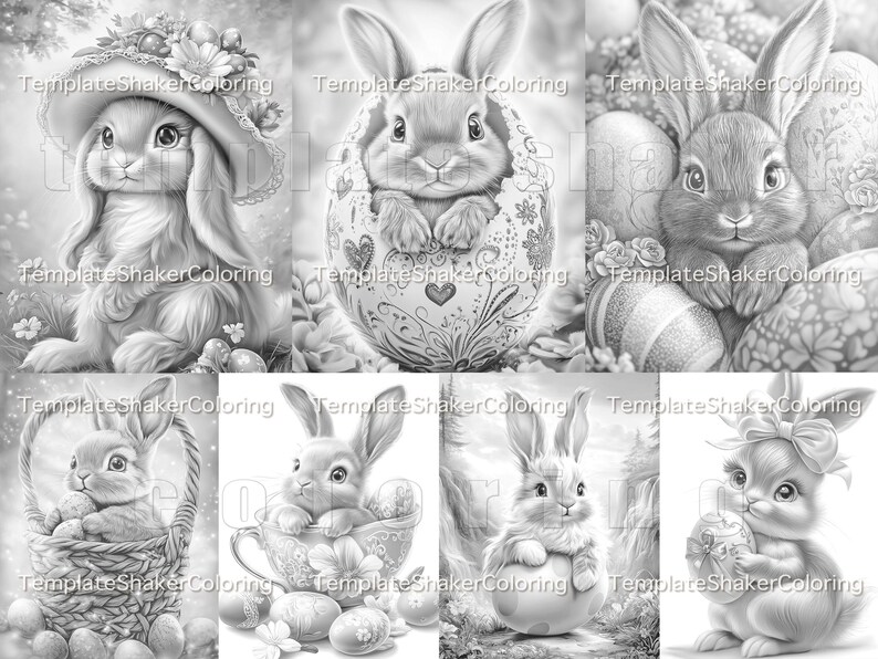 May include: A set of six black and white colouring pages featuring adorable bunnies with Easter eggs. The bunnies are in various poses, including sitting in a basket, holding an egg, and sitting in a teacup.