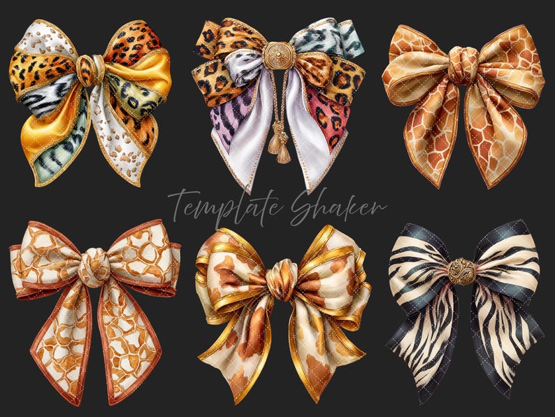 Animal Print Bows Clipart, Watercolor Safari Bow Set PNG, Digital ...