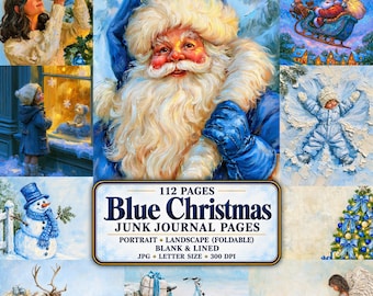 Blue Christmas Junk Journal Pages, Vintage Holiday Printable Papers, Winter Scrapbook Kit Digital Download