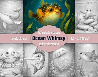 気まぐれな海の大人向け塗り絵：グレースケール50ページ、海の生き物、印刷可能なPDF、カラー版