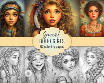 Sweet Boho Girls Coloring Book, 62 Grayscale Pages, PDF Download, Colored Version Included