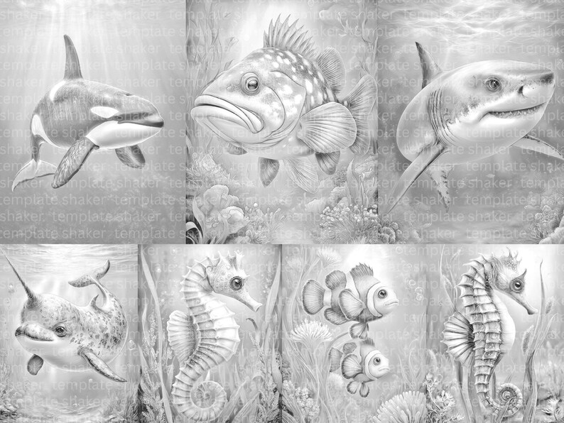 Deep Sea Life Coloring Book: 38 Grayscale Pages for Adults, Printable ...
