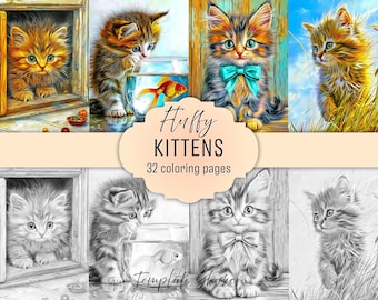 Grijswaardenpagina's pluizig kitten voor volwassenen, kleurboek leuke katten, afdrukbare pdf, gekleurde versie