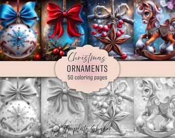 Libro para colorear de decoraciones navideñas: páginas en escala de grises, adornos festivos, PDF imprimible, versión a color.