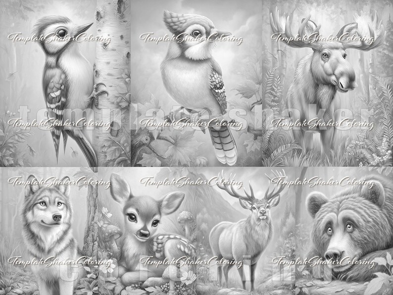 May include: A collection of seven grayscale illustrations featuring woodland animals including a woodpecker, blue jay, moose, wolf, fawn, deer, and bear. Each image is overlaid with the repeating watermark text TemplateShakerColoring.