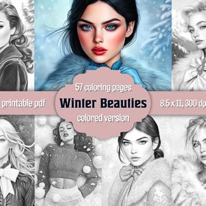 57 pages à colorier beautés hivernales, filles des neiges en niveaux de gris, livre de coloriage pour adultes, beaux portraits de femmes, PDF imprimable, téléchargement immédiat