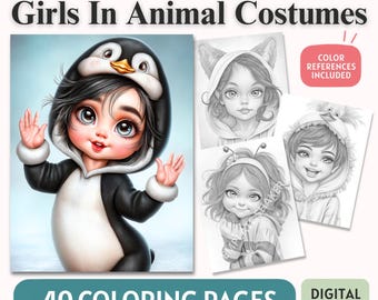Girls In Animal Costumes Adult Coloring Pages, Grayscale Coloring Book, Printable PDF, Digital Download