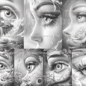 May include: Black and white illustrations of eyes and faces with nature elements. The images include waterfalls, flowers, and other natural details. The text "Template Shaker Coloring" is visible in the images.