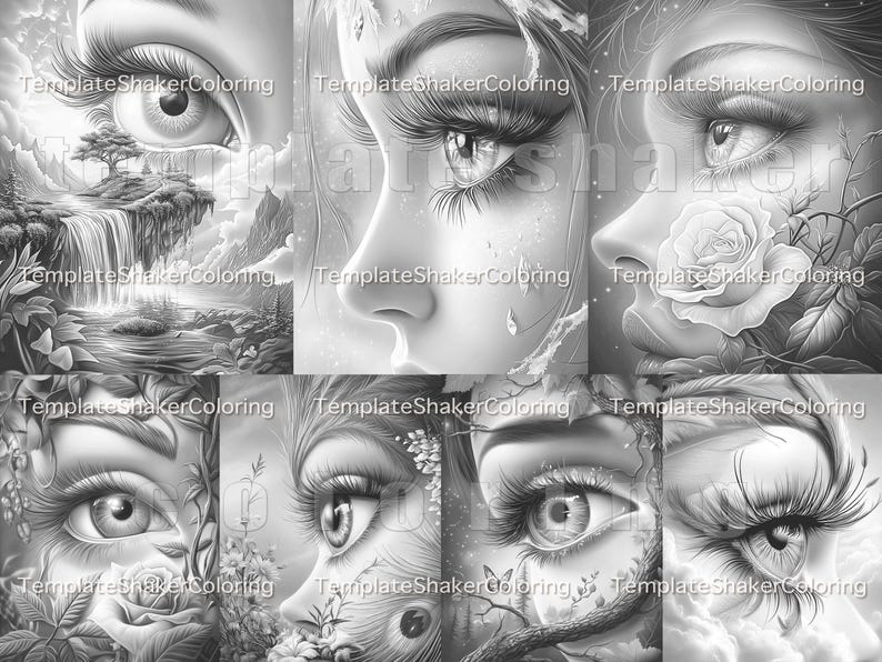May include: Black and white illustrations of eyes and faces with nature elements. The images include waterfalls, flowers, and other natural details. The text "Template Shaker Coloring" is visible in the images.