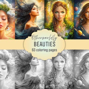Grayscale Women Portraits Adult Coloring Book: Grayscale Pages, Otherworldly Beauties, PDF Download + Colored Version