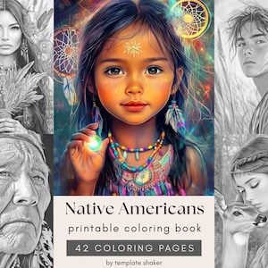 Native American Portrait Coloring Book: 42 Grayscale Pages For Adults, Printable PDF, Colored Version