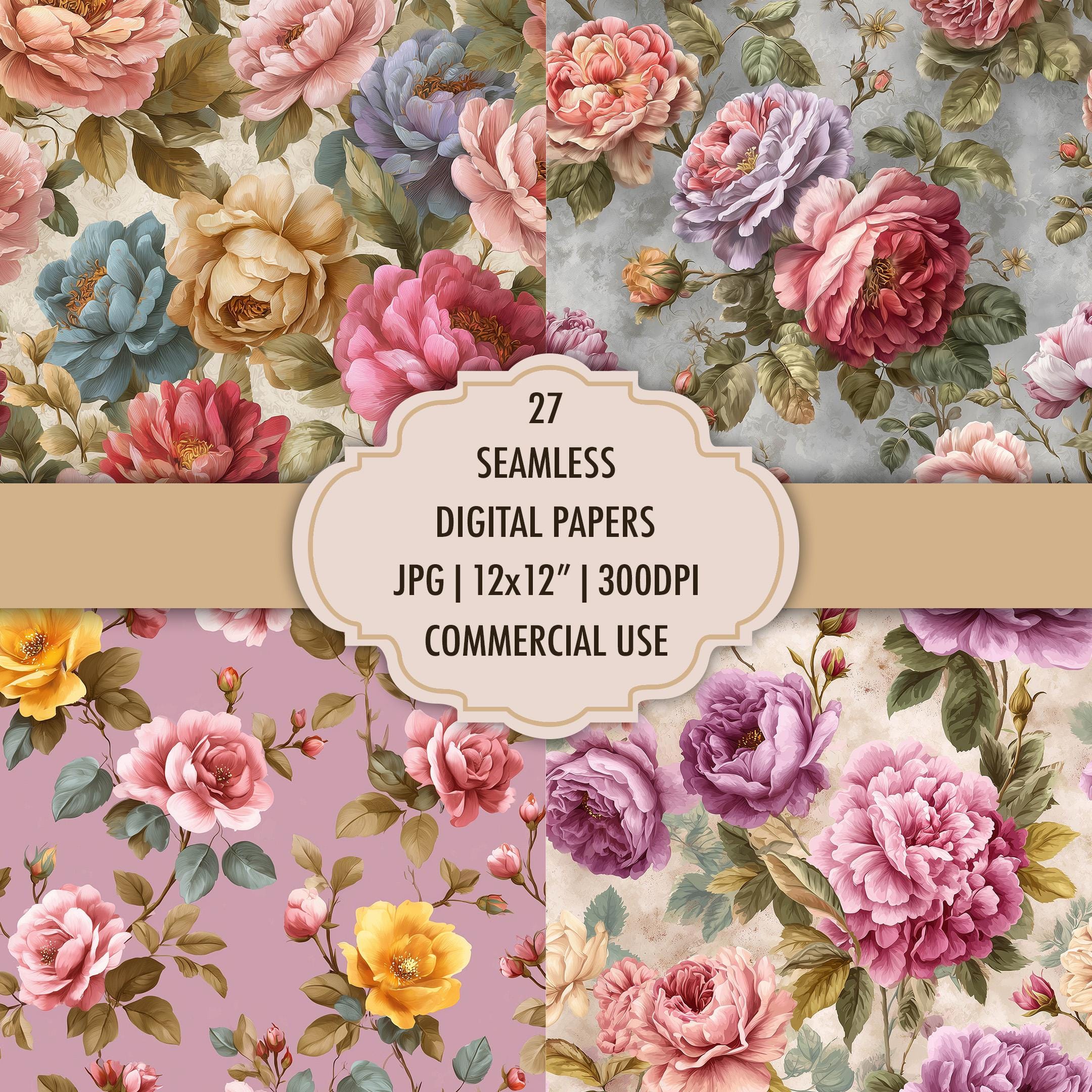 27 Vintage Floral Digital Paper Pack, Shabby Chic Seamless Pattern ...