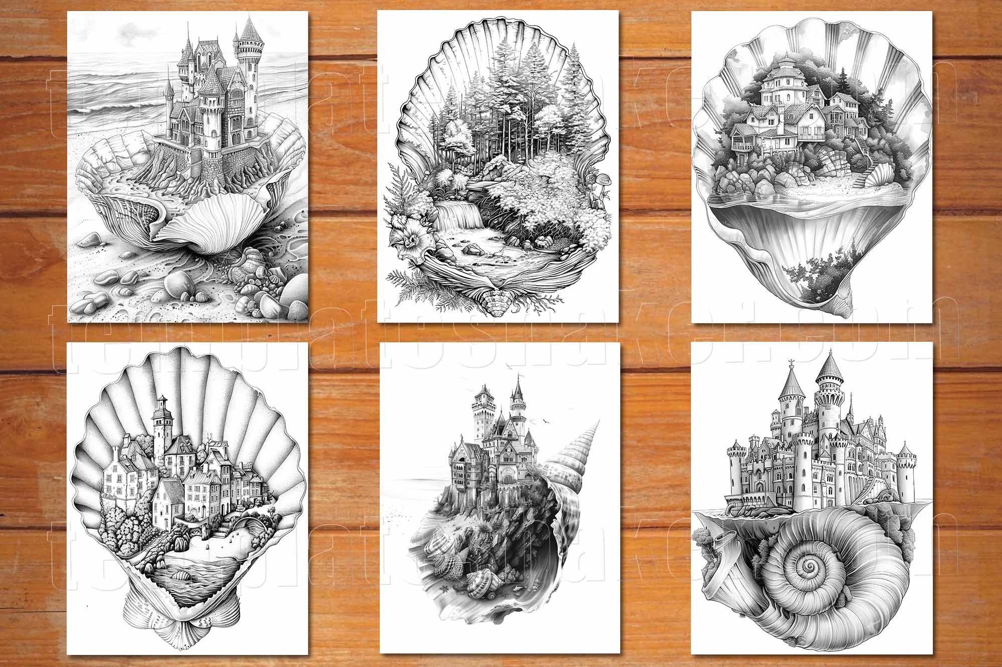Seashell World Grayscale Coloring Book: Fantasy Shells, 24 Pages ...