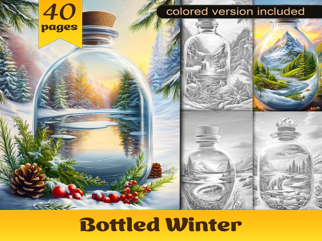 Winter in A Bottle Coloring Pages, Grayscale Coloring Book for