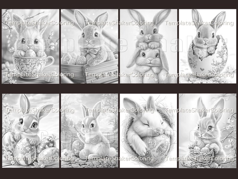 May include: A set of eight black and white colouring pages featuring adorable bunny rabbits in various Easter-themed scenes. The bunnies are depicted in different poses, including holding eggs, sitting in baskets, and sleeping in nests.