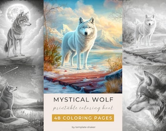 Mystical Wolf Adult Coloring Pages: Grayscale Fantasy Book, Printable PDF + Colored Version
