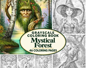 Mystical Forest Adult Coloring Pages, Fantasy Woodland Grayscale Printable PDF Book, Digital Download