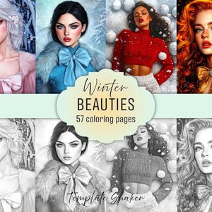 以下が含まれることがあります： Winter BEAUTIES 57 coloring pagesというタイトルのデジタルコレクション。冬の装いをした人物のポートレート8枚で構成され、4枚のカラーイラストと、それに対応する4枚の白黒線画が含まれています。