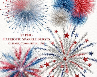 Patriotic Glitter Fireworks Clipart PNG, 4th of July Sparkle Bursts, Commercial Use