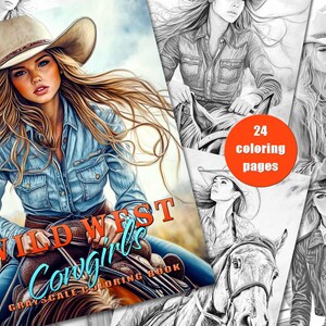 24 Cowgirls Malseiten - Graustufen-Malbuch für Erwachsene - farbige JPG-Version enthalten - Druckbare PDF - Letter Größe, 300 DPI