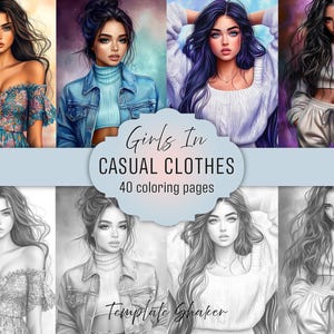 Puede incluir: Una colección de 40 páginas para colorear titulada Girls In CASUAL CLOTHES de Template Shaker, que presenta ilustraciones de personas con diversos atuendos, incluyendo tops florales, chaquetas de mezclilla y suéteres.