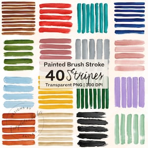 Peut inclure: Une collection de 40 traits de pinceau peints en diverses couleurs, dont marron, rouge, bleu sarcelle, bleu, vert, rose, jaune, noir, violet et menthe. Le texte indique Painted Brush Stroke 40 Stripes Transparent PNG 300 DPI.