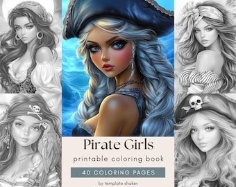 Pirate Girls Coloring Book: Grayscale Pages, Fantasy Portraits, Printable PDF, Colored Version Included