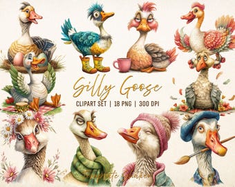 Watercolor Silly Goose Clipart Set: 18 PNG Funny Bird Images, Digital Download, Commercial Use