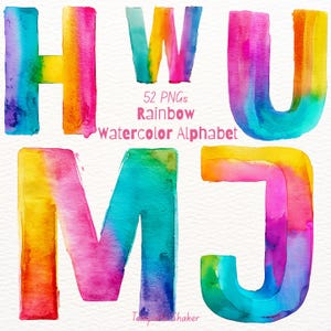 May include: A collection of watercolour alphabet letters in vibrant rainbow colours. The letters H, W, U, M, and J are shown, each with a unique blend of hues. The image includes the text "52 PNGs Rainbow Watercolor Alphabet".