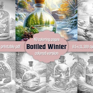 L'hiver dans une bouteille, pages à colorier, livre de coloriage en niveaux de gris pour adultes, paysages gelés fantaisistes, PDF imprimable, téléchargement immédiat