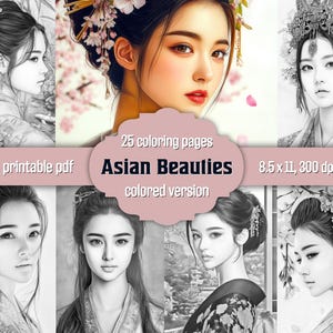 25 Asian Beauties Coloring Pages - Grayscale Japanese Woman Coloring Book For Adults - Fantasy Chinese Woman Coloring Page - Printable PDF