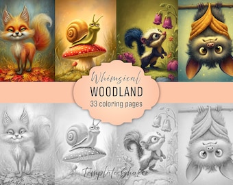 Whimsical Animal Coloring Book: Adult Grayscale Pages, Fun Woodland Creatures, Printable PDF, Colored Version