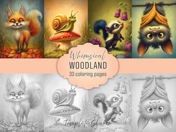 Whimsical Animal Coloring Book: Adult Grayscale Pages, Fun Woodland Creatures, Printable PDF, Colored Version