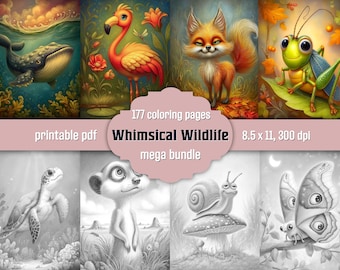 Whimsical Wildlife Coloring Book Bundle, 177 Fun Animal Grayscale Pages, Printable PDF + Colored Version