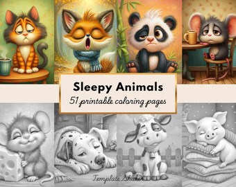 Sleepy Animals Coloring Book for Adults & Kids: 51 Grayscale Pages, Printable PDF, Colored Version