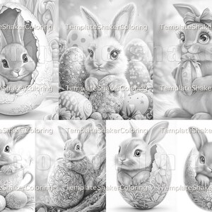 May include: A digital colouring page featuring six different illustrations of cute bunnies with Easter eggs. The bunnies are in various poses, including sitting in eggs, holding eggs, and peeking out of eggs. The illustrations are in black and white, ready to be coloured.