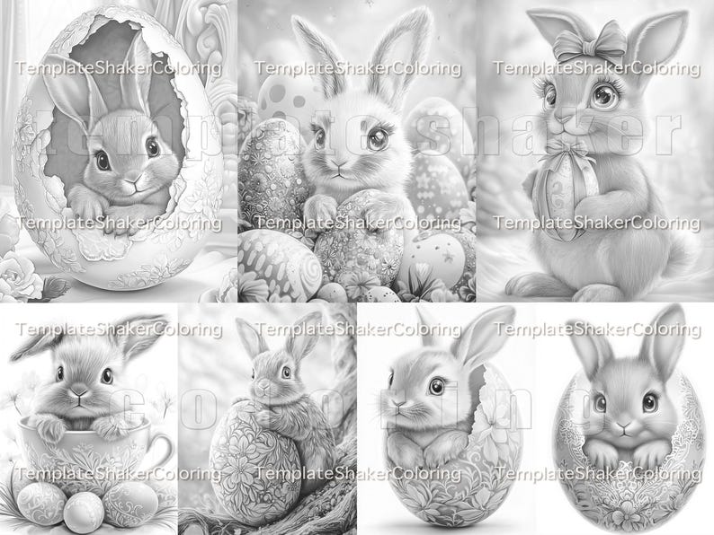May include: A digital colouring page featuring six different illustrations of cute bunnies with Easter eggs. The bunnies are in various poses, including sitting in eggs, holding eggs, and peeking out of eggs. The illustrations are in black and white, ready to be coloured.