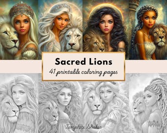 Women and Lions Portraits Coloring Book, Grayscale Pages for Adults, Printable PDF, Colored Version