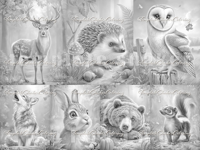 May include: A collection of six grayscale coloring page illustrations featuring a deer, a hedgehog with mushrooms and acorns, a barn owl on a stump, a howling wolf, a rabbit, and a bear with a skunk. Each panel includes the text TemplateShakerColoring.