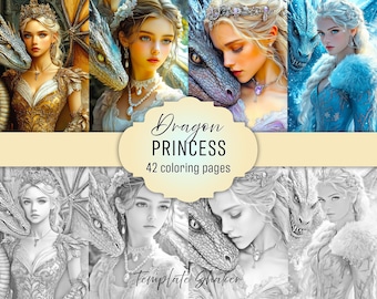Dragon Princess Adult Coloring Book: Fantasy Grayscale Art Pages, Colored Version Included, Printable PDF